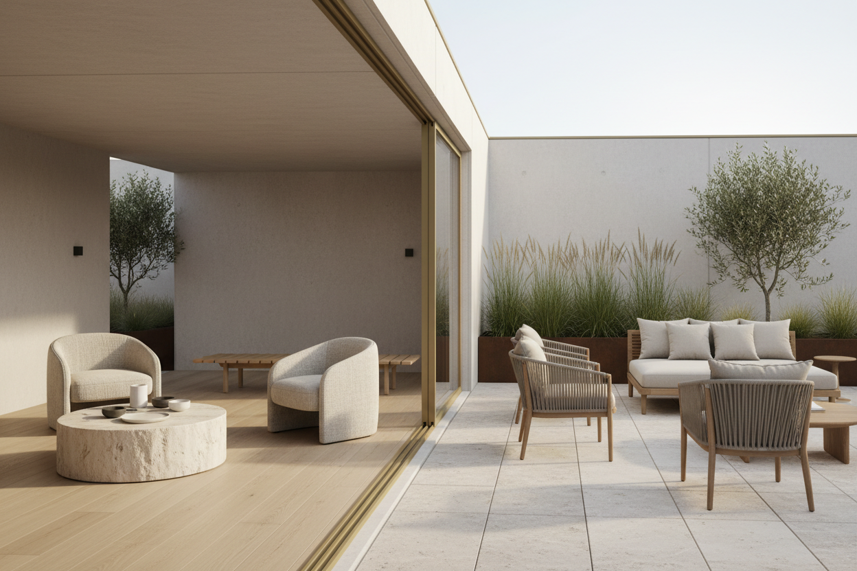 Curated selection of Belgian furniture and outdoor pieces arranged in a minimal architectural setting. Clean lines, natural materials, sculptural forms, soft morning light, and neutral palette. No people. Editorial product vignette.