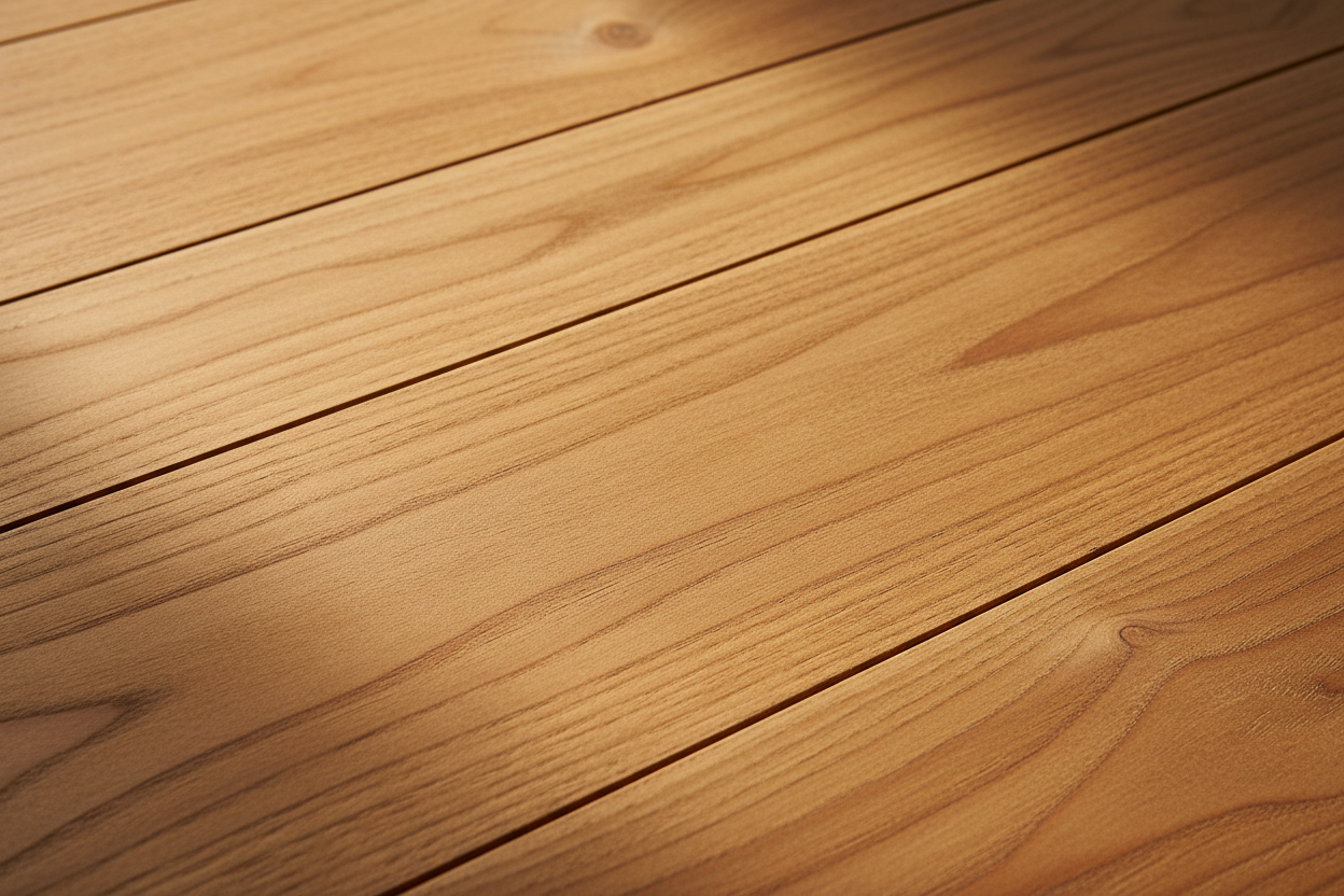 A close-up of raw teak planks showing tight grain and golden color -not ai looking